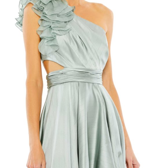 MAC DUGGAL 49523 RUFFLED ONE SHOULDER CUT OUT HI-LO SAGE GOWN sz 2 - Picture 2 of 5